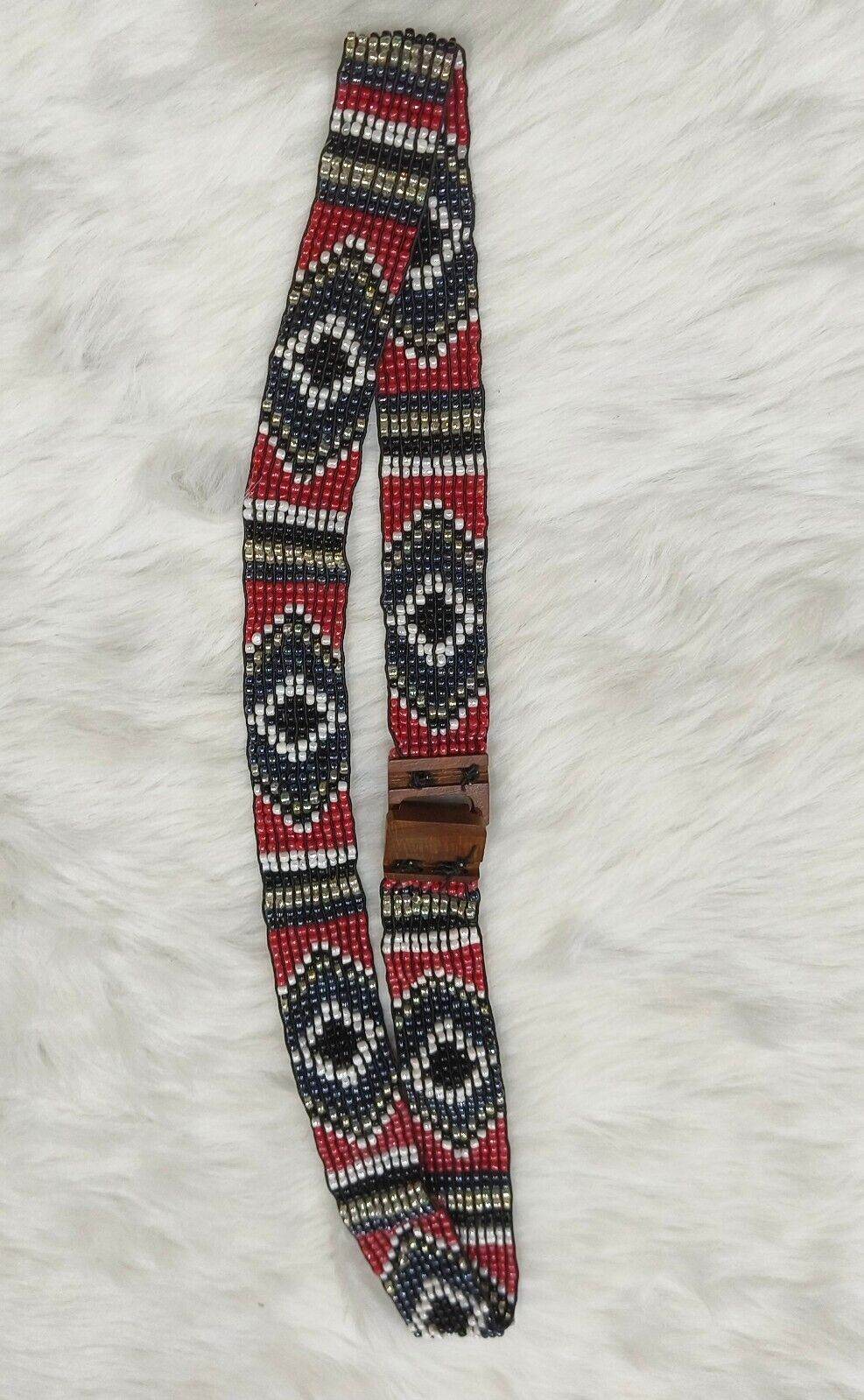 Handmade Stretchable Seed Beaded Belt with Wood Buckle Clasp - Red and Black - Guleel