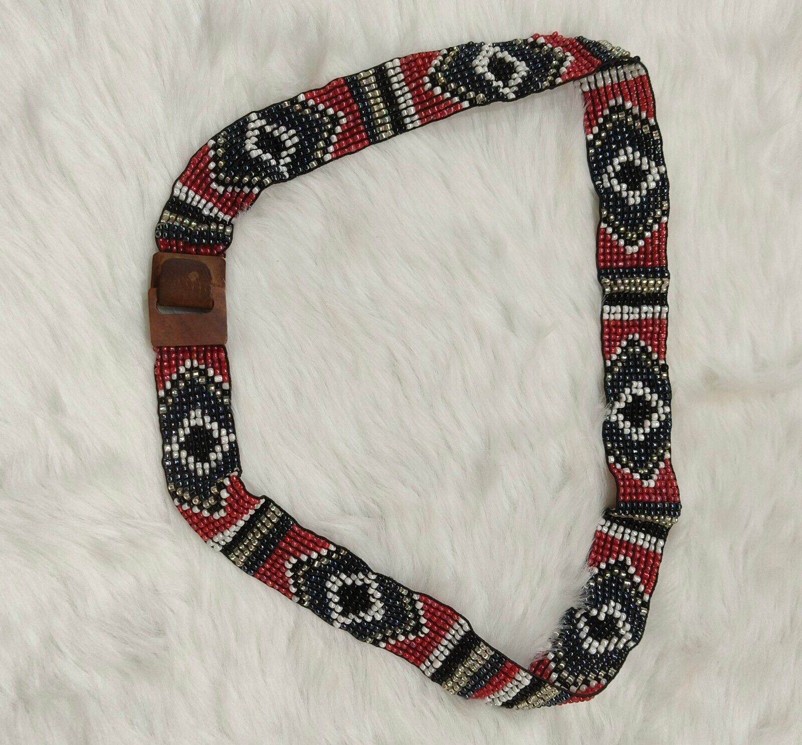 Handmade Stretchable Seed Beaded Belt with Wood Buckle Clasp - Red and Black - Guleel