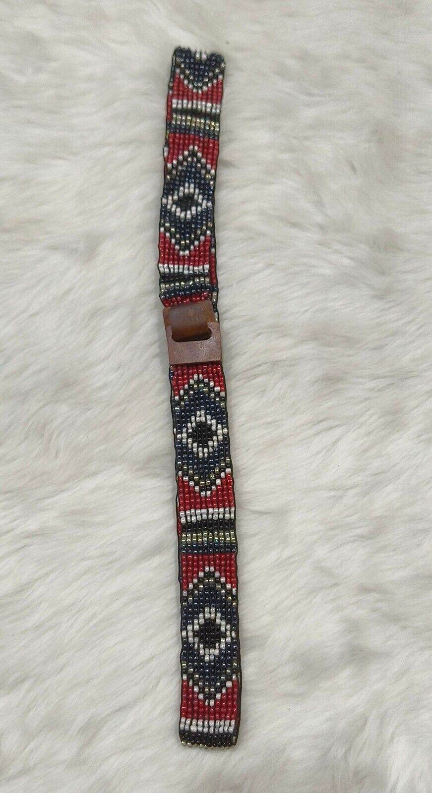 Handmade Stretchable Seed Beaded Belt with Wood Buckle Clasp - Red and Black - Guleel