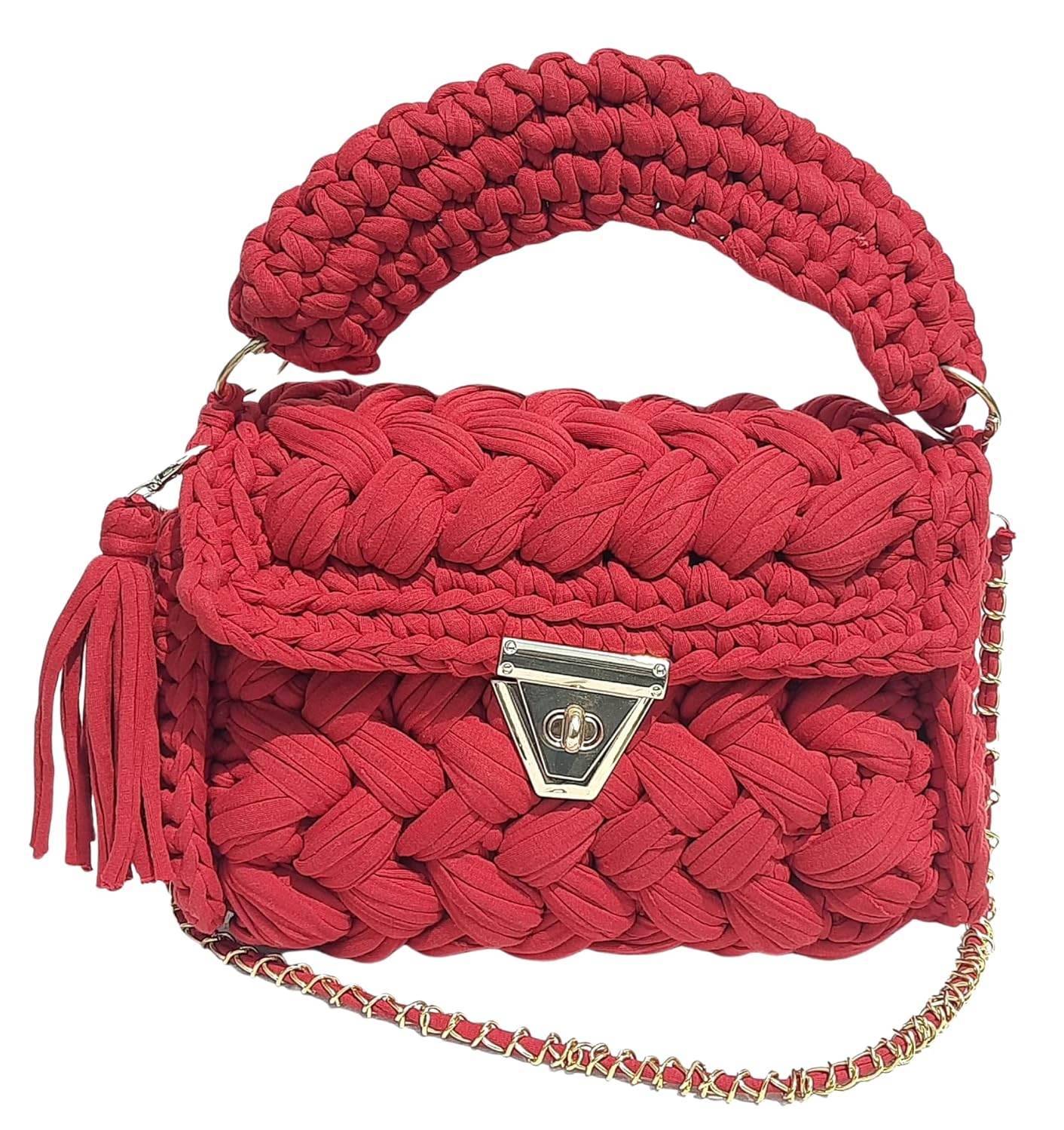 Hand Knitted Sling Handbag for Women- Red - Guleel