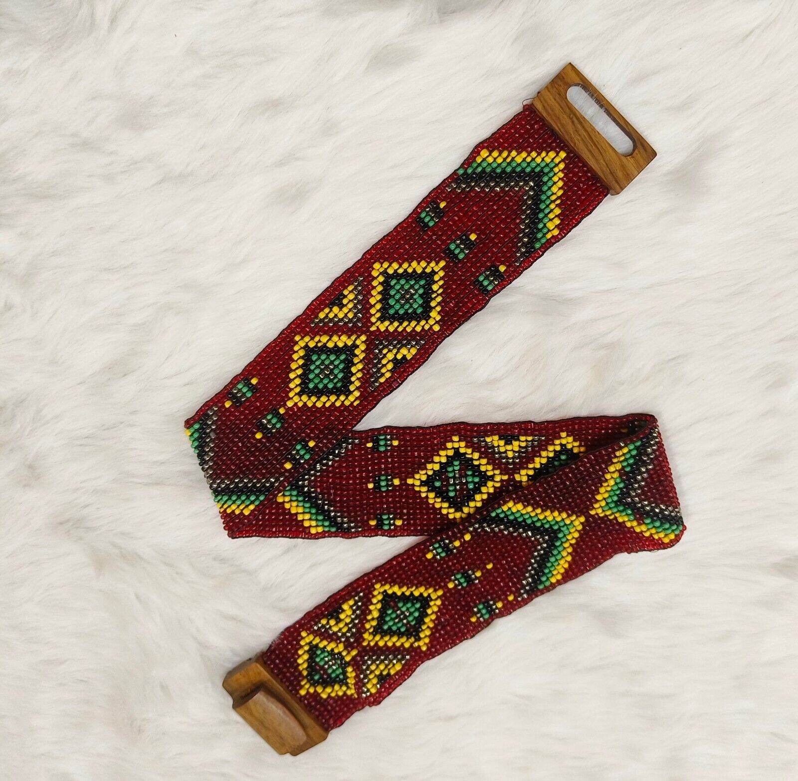 Handmade Stretchable Seed Beaded Belt with Wood Buckle Clasp - Maroon - Guleel