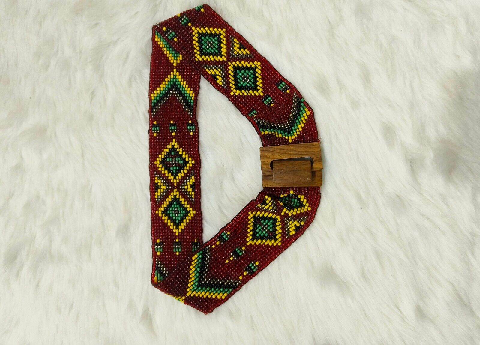 Handmade Stretchable Seed Beaded Belt with Wood Buckle Clasp - Maroon - Guleel