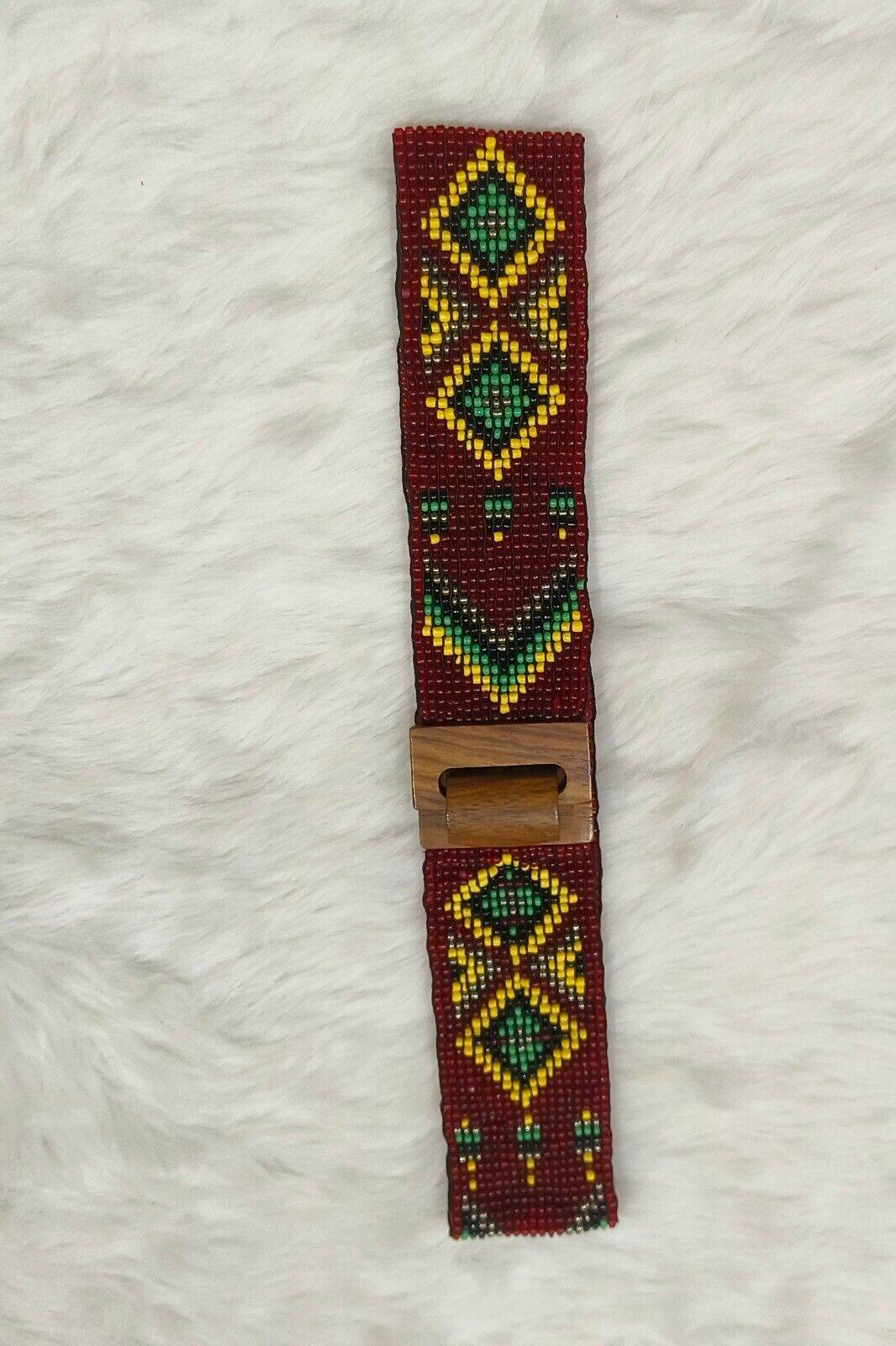 Handmade Stretchable Seed Beaded Belt with Wood Buckle Clasp - Maroon - Guleel