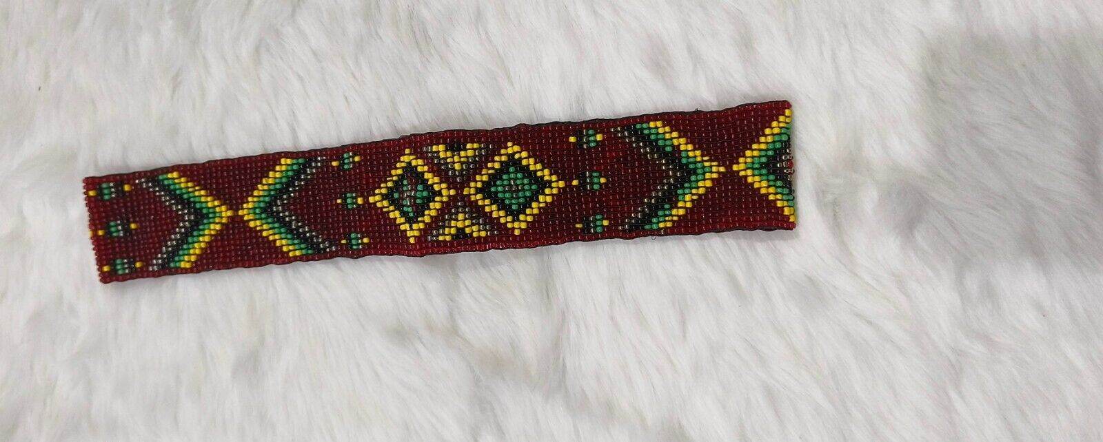 Handmade Stretchable Seed Beaded Belt with Wood Buckle Clasp - Maroon - Guleel
