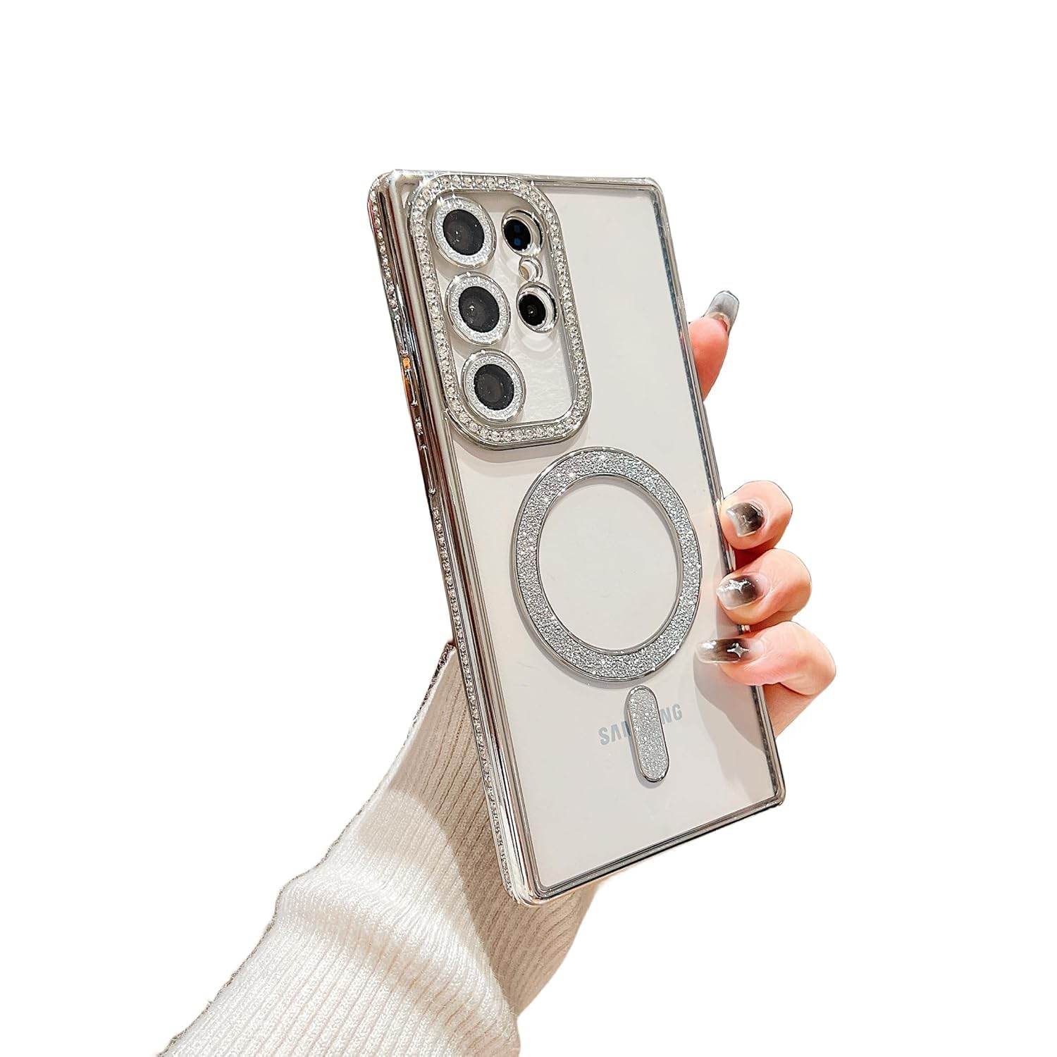 Glitter Camera Protection Magnetic Mag Safe Transparent Case Cover - Silver - Guleel