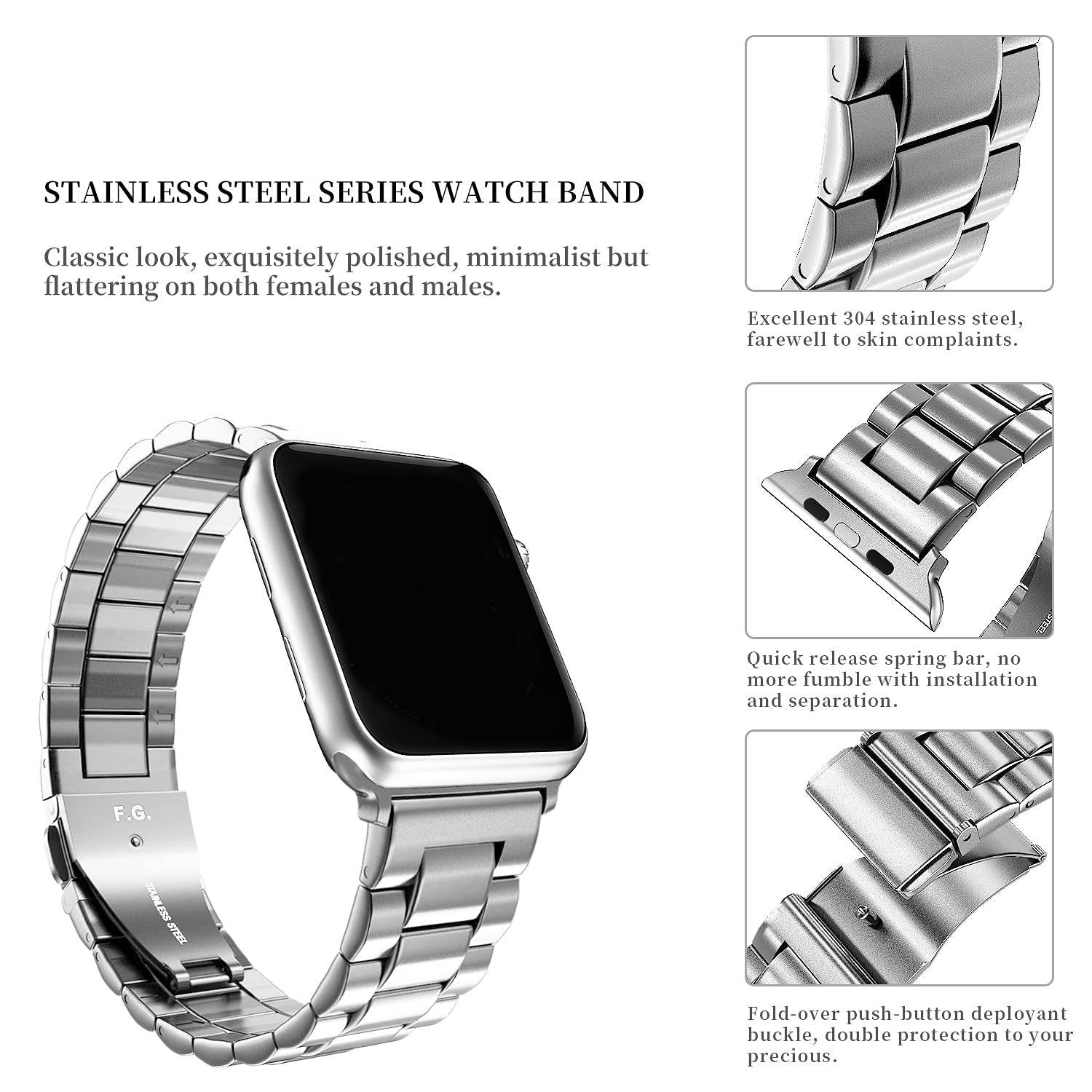 Premium Stainless Steel iWatch Band for Apple Watch Series 8/7/6/5/4/3/2/1/SE/SE2/Ultra - Silver - Guleel
