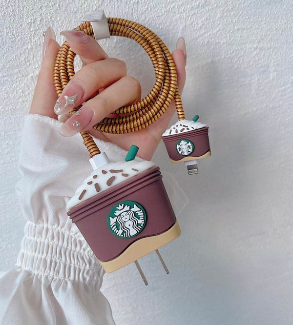 Samsung Cartoon Charger Case Cover for 25W Chargers- Starbucks Brown Ice-cream ( With Wire Cover ) - Guleel