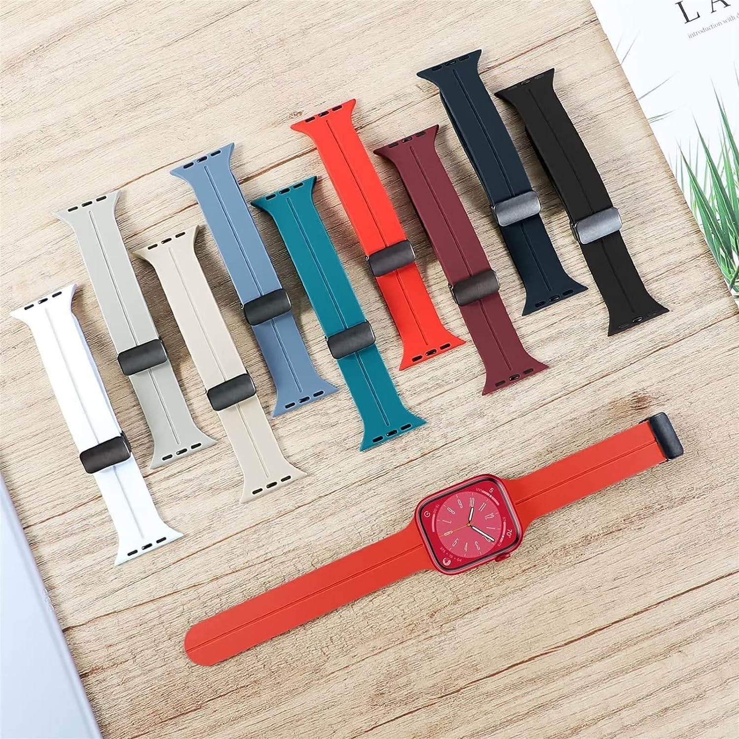 Silicone Sport Band Magnetic Clasp Adjustable Strap Apple Watch Series 8/7/6/5/4/3/2/1/SE/SE2/Ultra ( Watch Not Included)- (Red) - Guleel