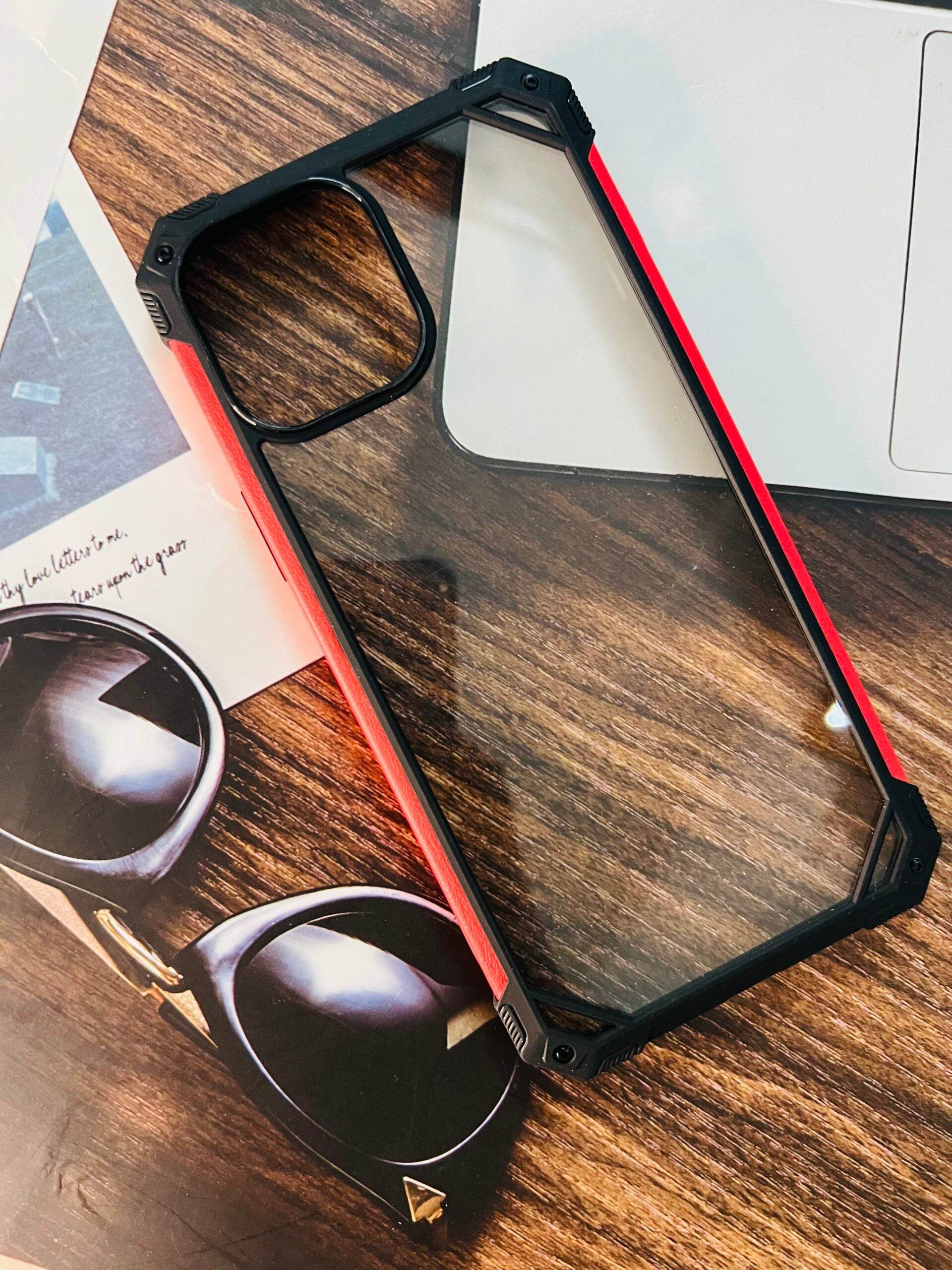 iPhone 12 Mini Premium Transparent Shockproof Glass Finish Case - Black Red - Guleel