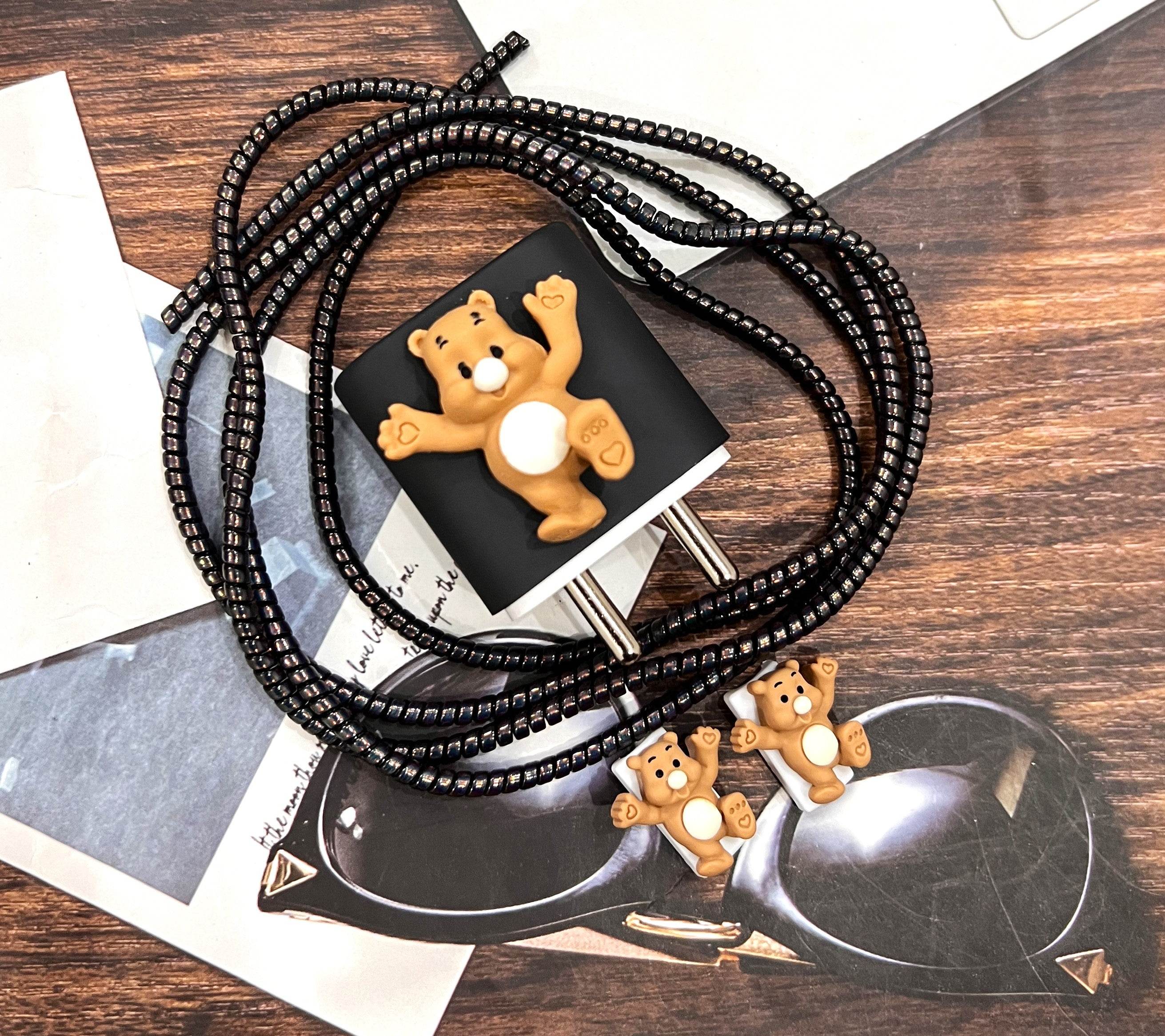 Silicone Cartoon iPhone 3D Teddy Bear Charger Case Cover for 18-20W Chargers - Black (with Wire Cover) - Guleel