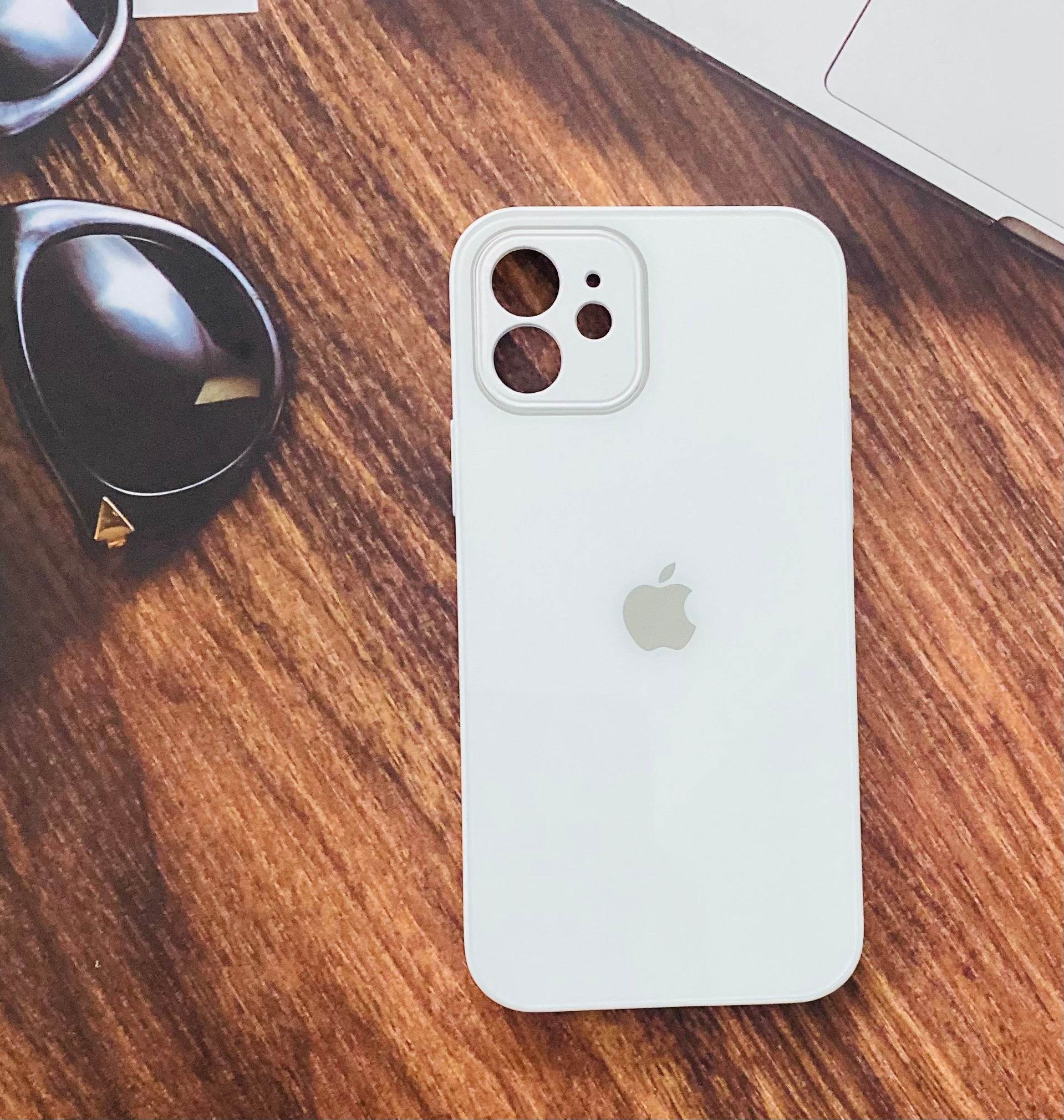 iPhone 12 Premium Glass Finish Camera Protection Back Cover - White - Guleel