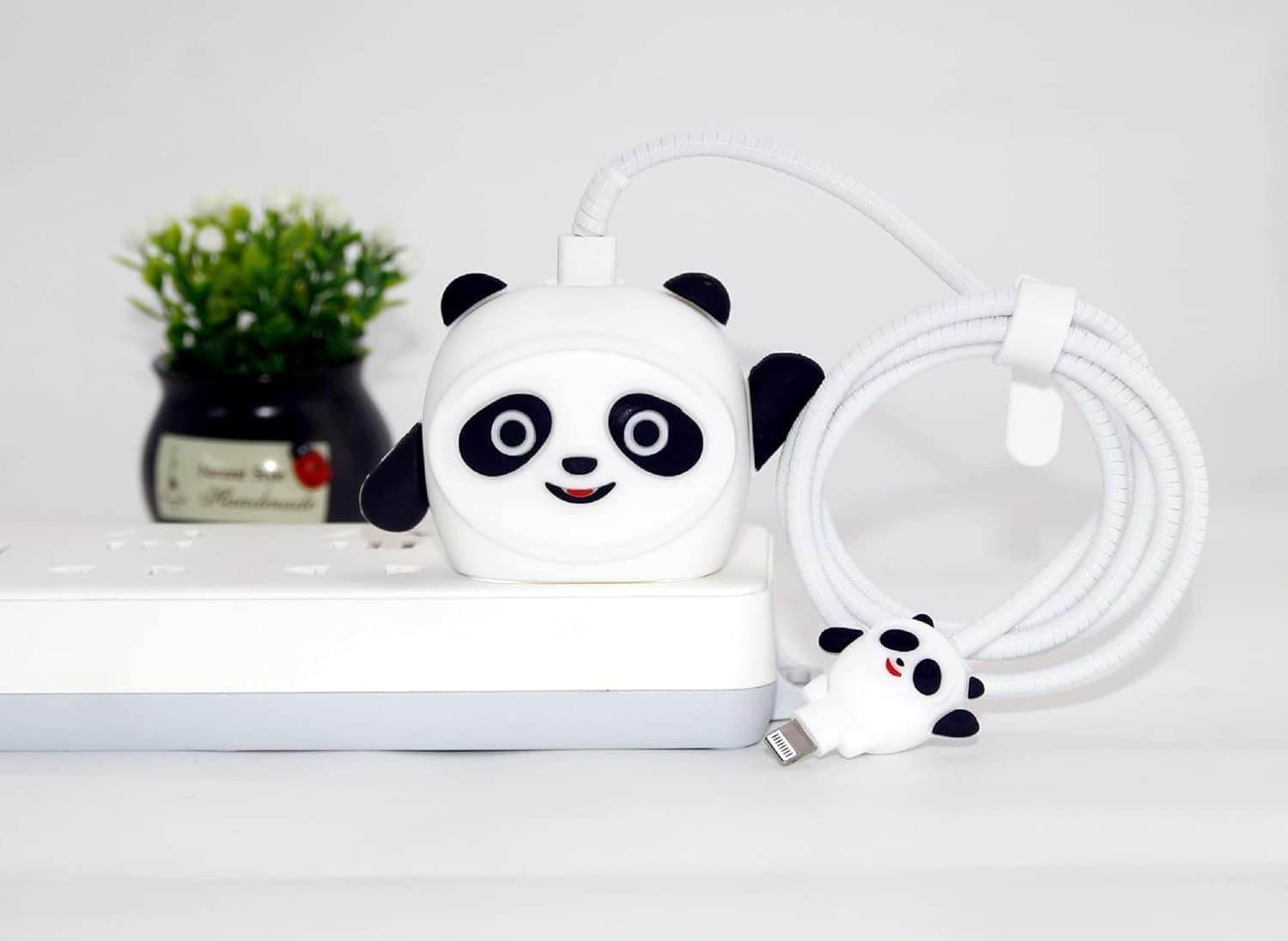 Silicone Cartoon iPhone Charger Case Cover for 18-20W Chargers - White Panda ( With Wire Cover ) - Guleel