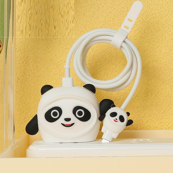 Silicone Cartoon iPhone Charger Case Cover for 18-20W Chargers - White Panda ( With Wire Cover ) - Guleel