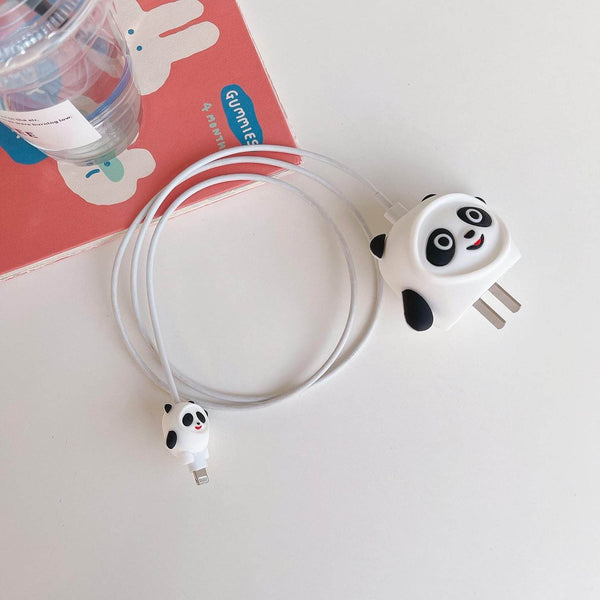 Silicone Cartoon iPhone Charger Case Cover for 18-20W Chargers - White Panda ( With Wire Cover ) - Guleel