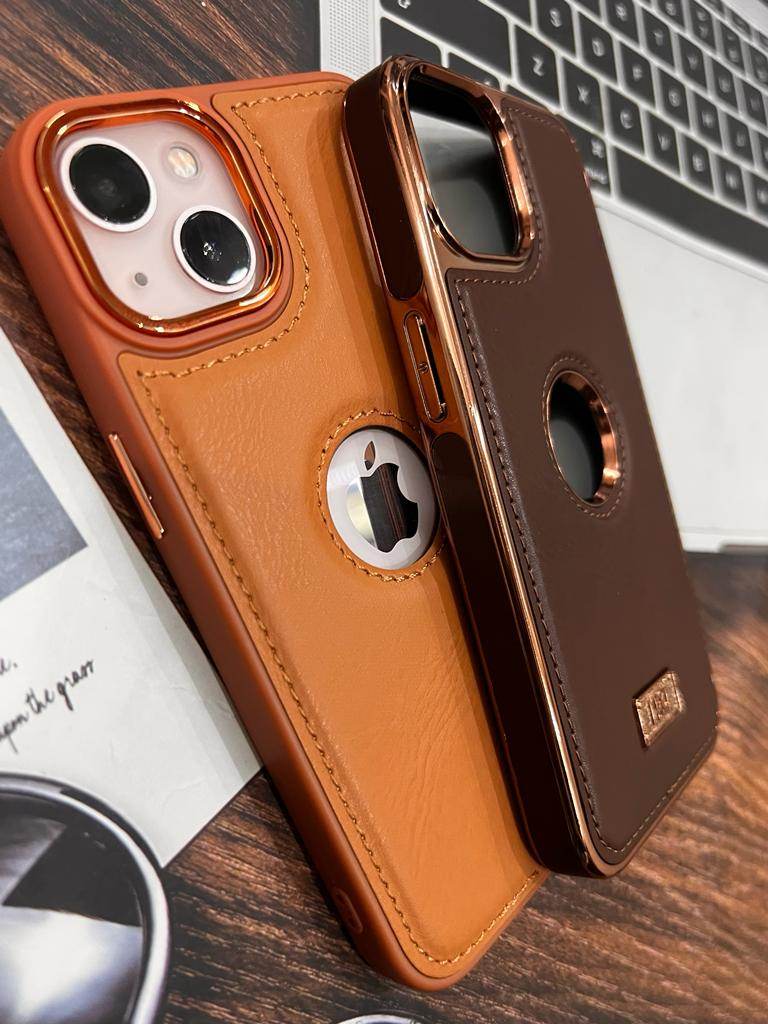 iPhone 14 Premium Leather Logo Case - Brown - Guleel