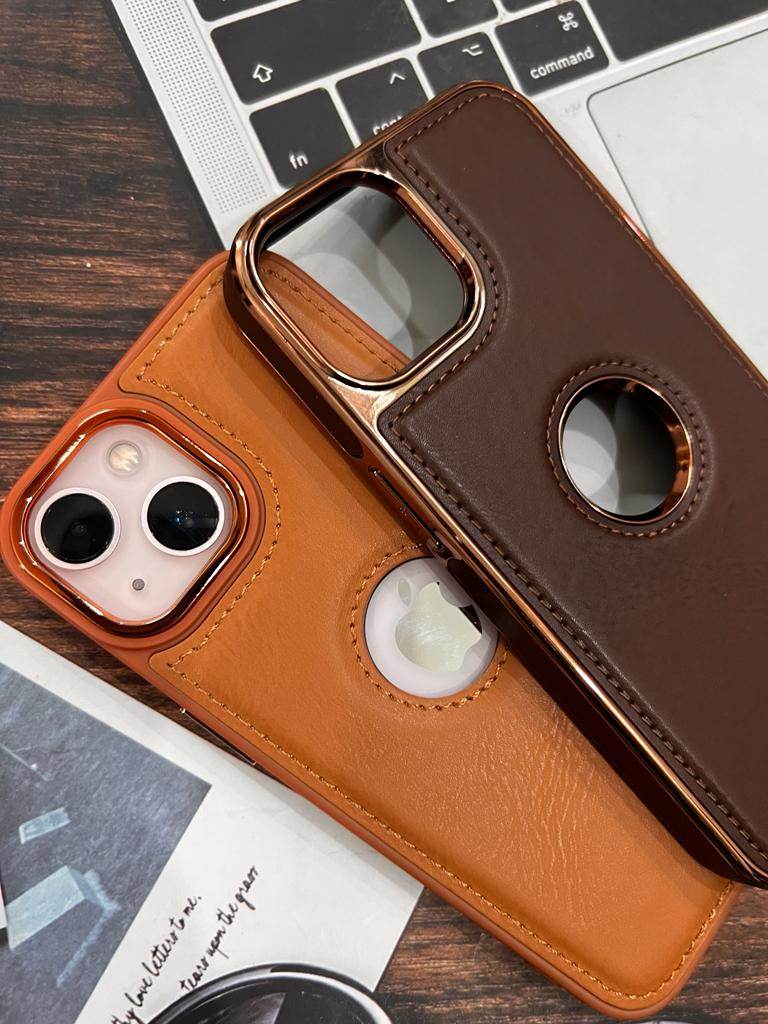 iPhone 14 Premium Leather Logo Case - Brown - Guleel