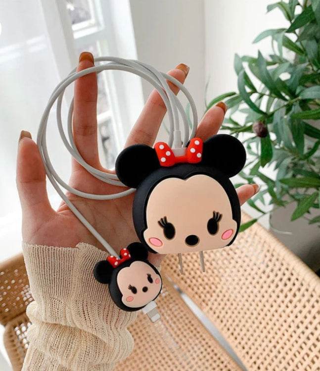 Silicone Cartoon iPhone Charger Case Cover for 18-20W Chargers -Minnie Mouse (with Wire Cover) - Guleel