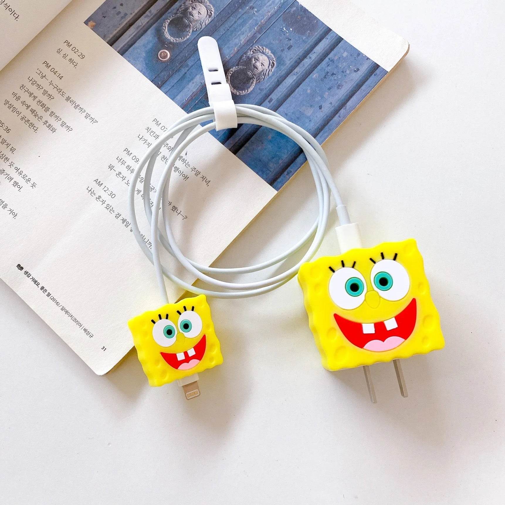Silicone Cartoon iPhone Charger Case Cover for 18-20W Chargers -SpongeBob (with Wire Cover) - Guleel