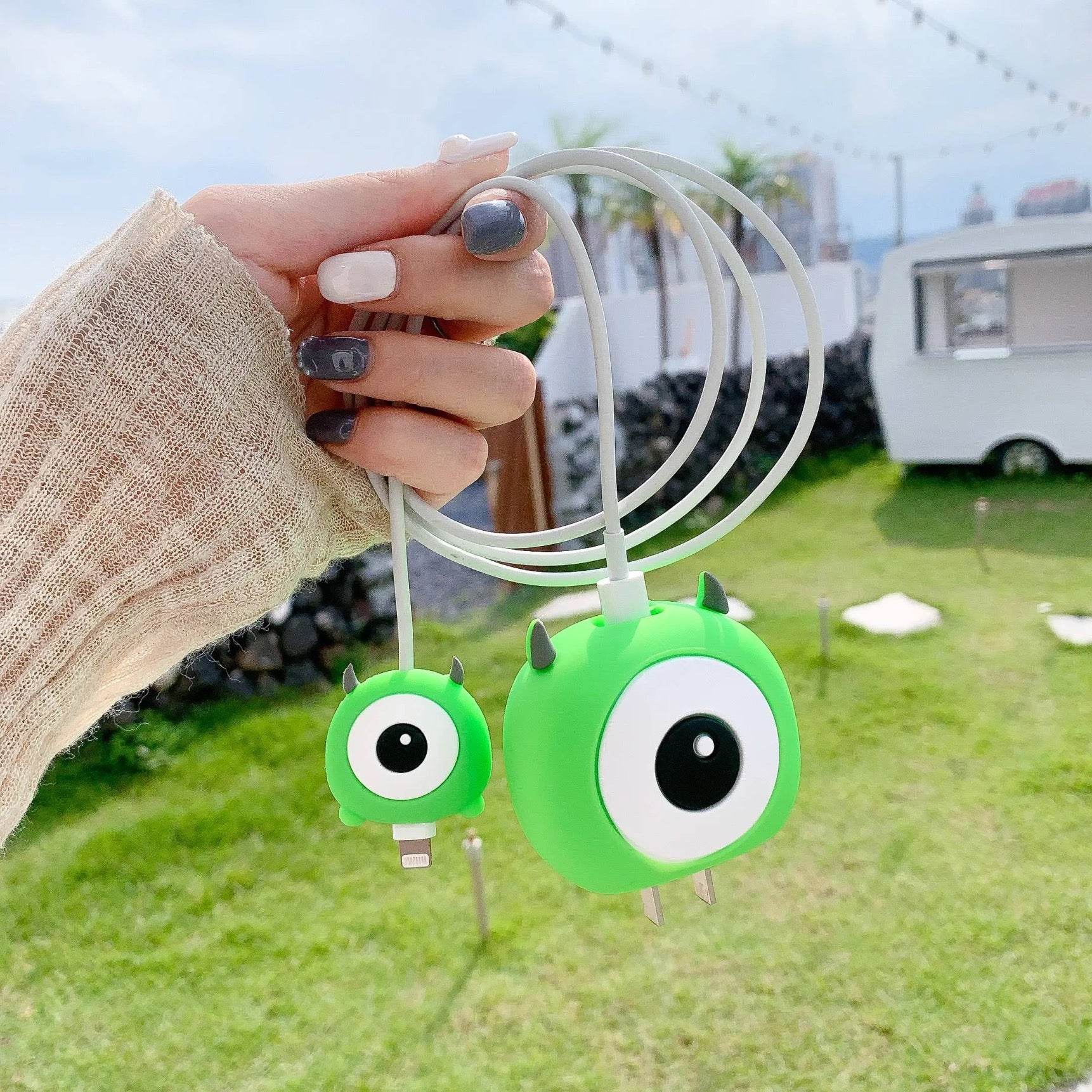 Silicone Cartoon iPhone Charger Case Cover for 18-20W Chargers - Green eye (with Wire Cover) - Guleel
