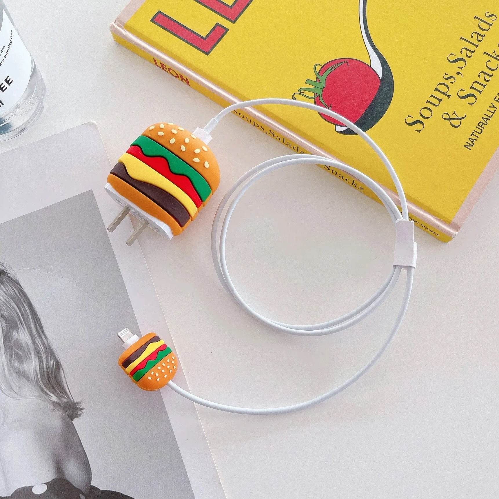 Silicone Cartoon iPhone Charger Case Cover for 18-20W Chargers -Ham Burger (with Wire Cover) - Guleel