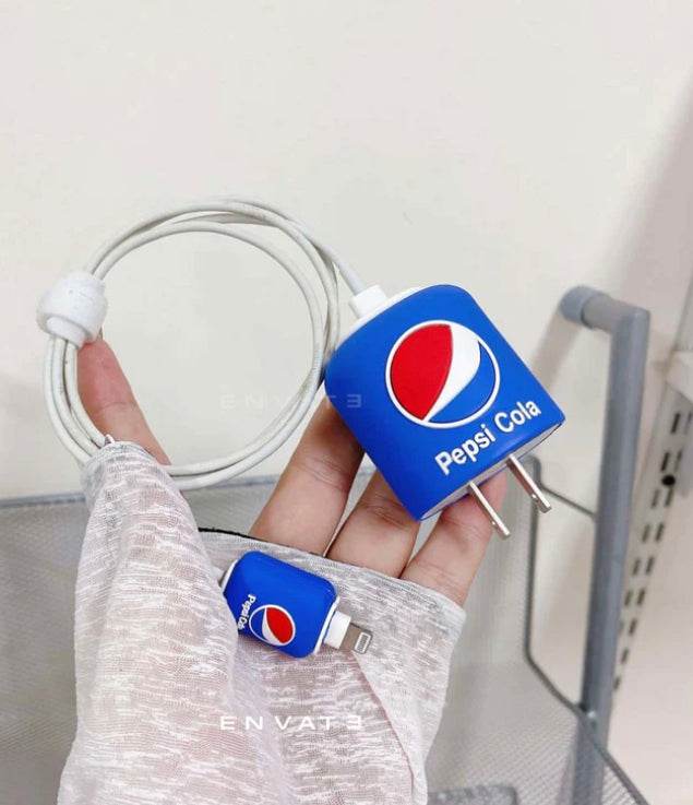 Silicone Cartoon iPhone Charger Case Cover for 18-20W Chargers -Pepsi Cola (with Wire Cover) - Guleel