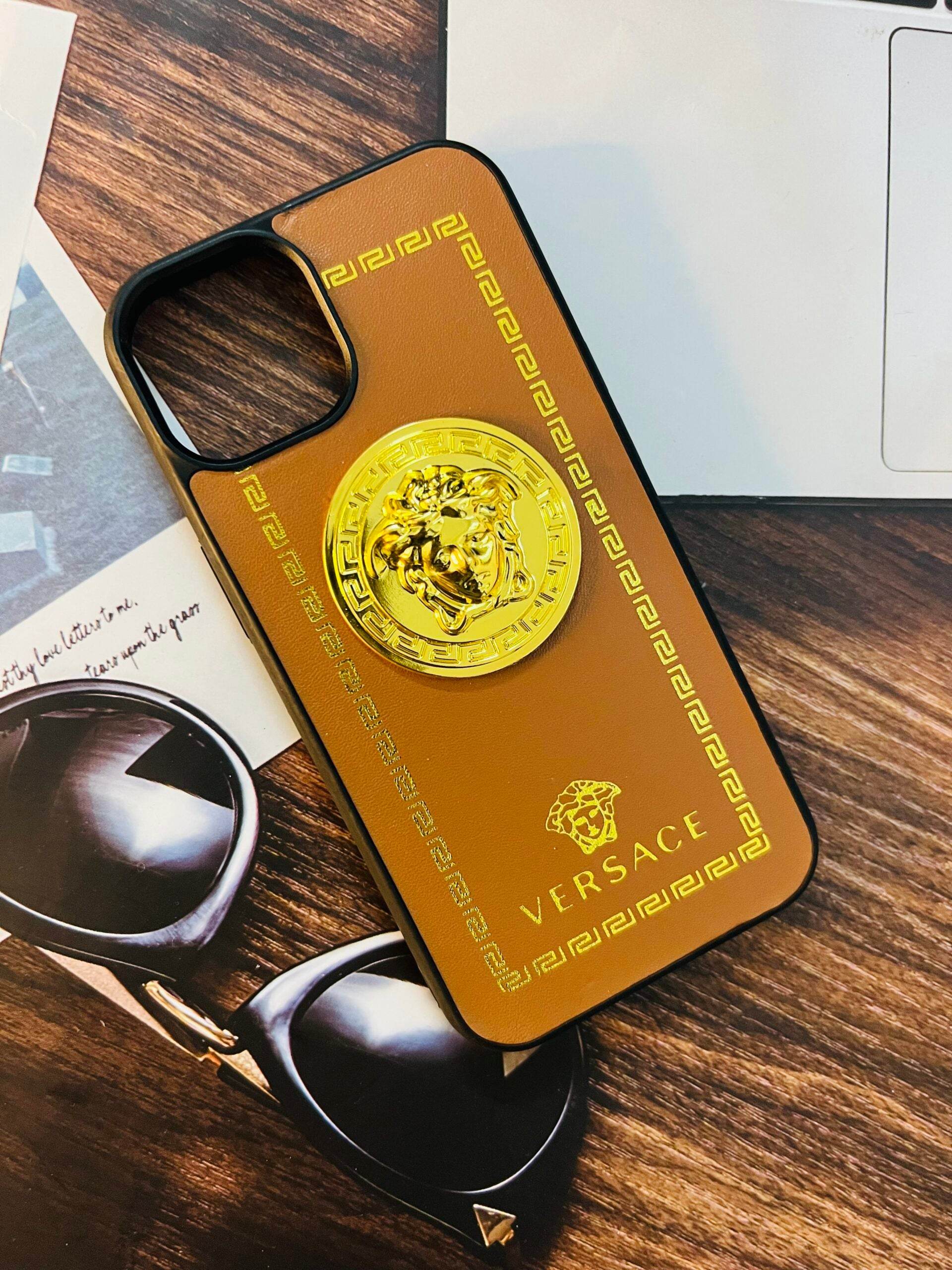 iPhone 13 Premium Versace Leather Case - Brown - Guleel