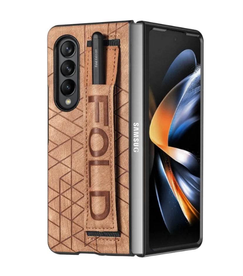 Samsung Galaxy Z Fold 4 Premium Leather Finish Strap Kickstand Cover - Brown - Guleel