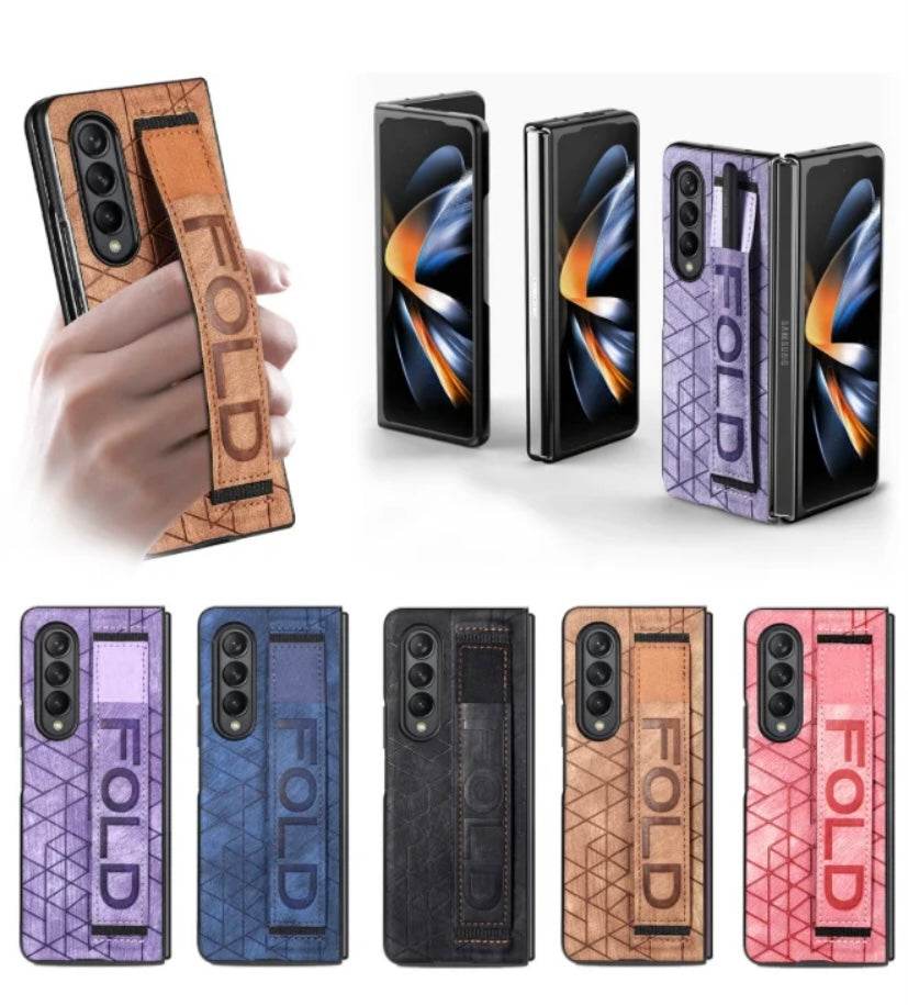 Samsung Galaxy Z Fold 4 Premium Leather Finish Strap Kickstand Cover - Brown - Guleel