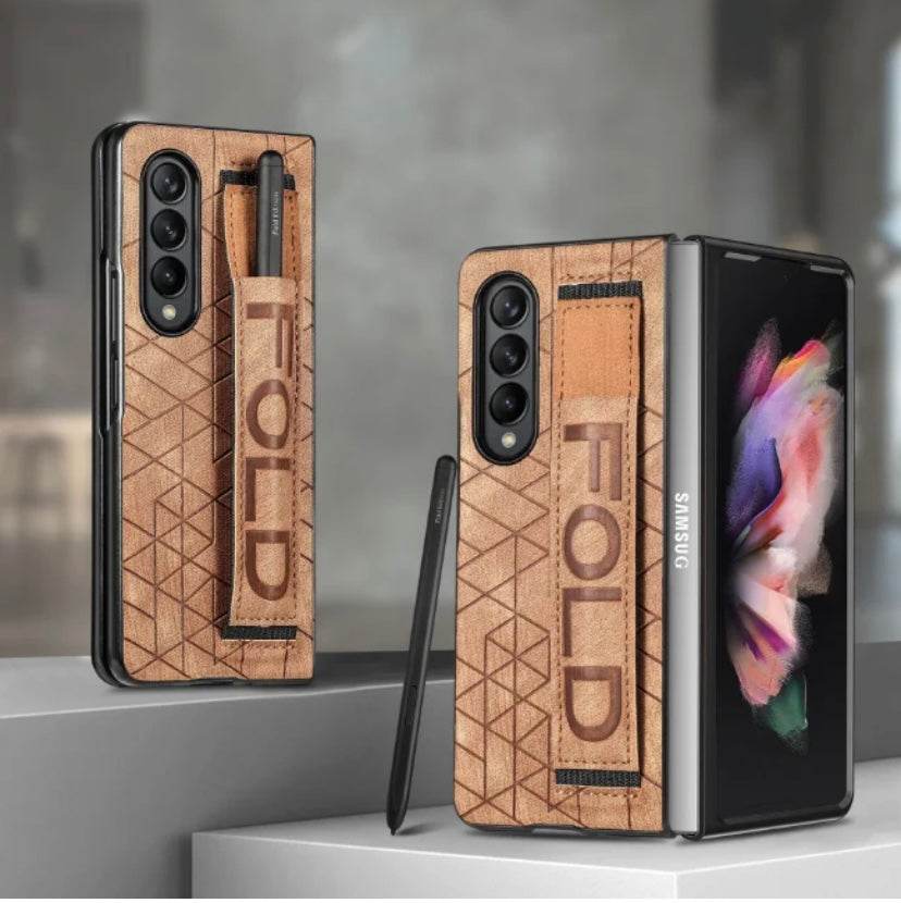 Samsung Galaxy Z Fold 4 Premium Leather Finish Strap Kickstand Cover - Brown - Guleel