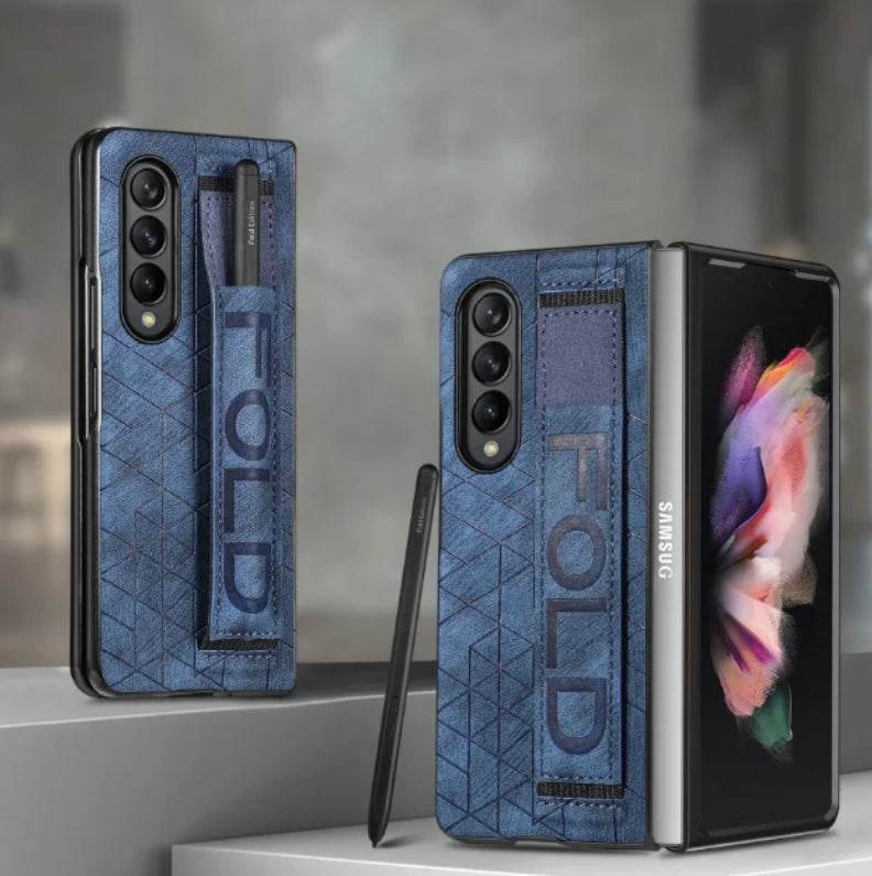 Samsung Galaxy Z Fold 4 Premium Leather Finish Strap Kickstand Cover - Blue - Guleel