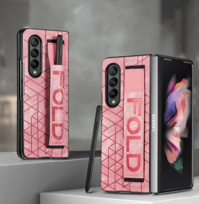 Samsung Galaxy Z Fold 4 Premium Leather Finish Strap Kickstand Cover - Pink - Guleel