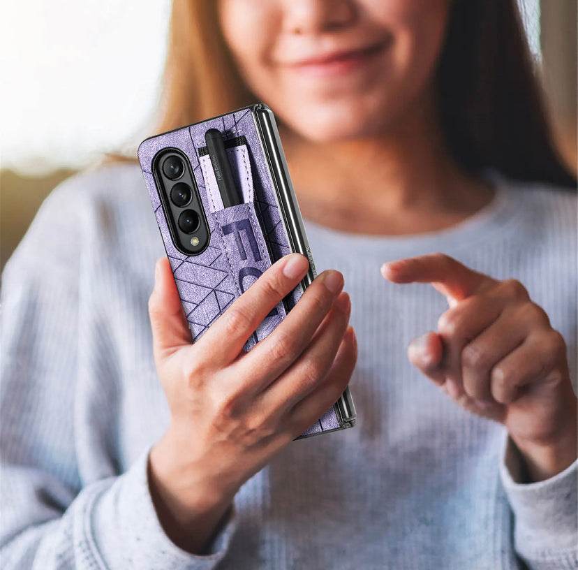 Samsung Galaxy Z Fold 4 Premium Leather Finish Strap Kickstand Cover - Lavender - Guleel
