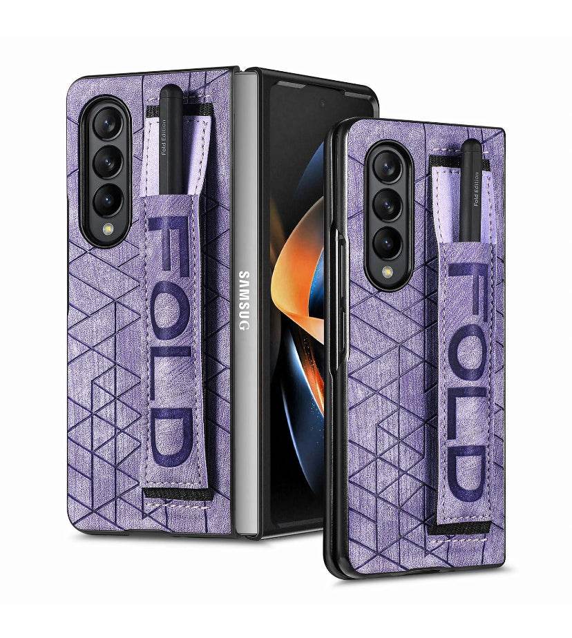 Samsung Galaxy Z Fold 4 Premium Leather Finish Strap Kickstand Cover - Lavender - Guleel