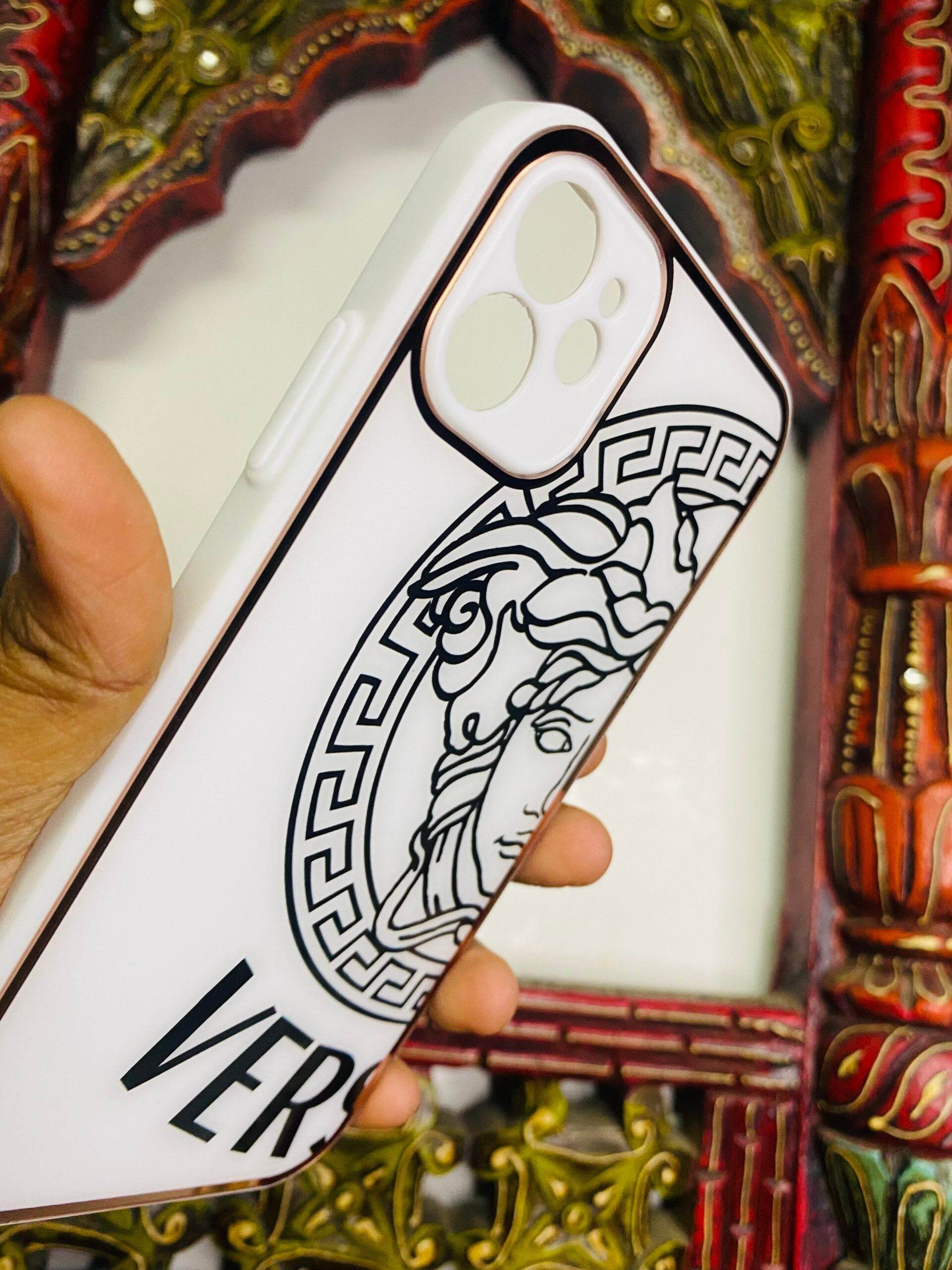 iPhone 12 Pro Max Premium Glass Half Versace Camera Protection Case - White - Guleel