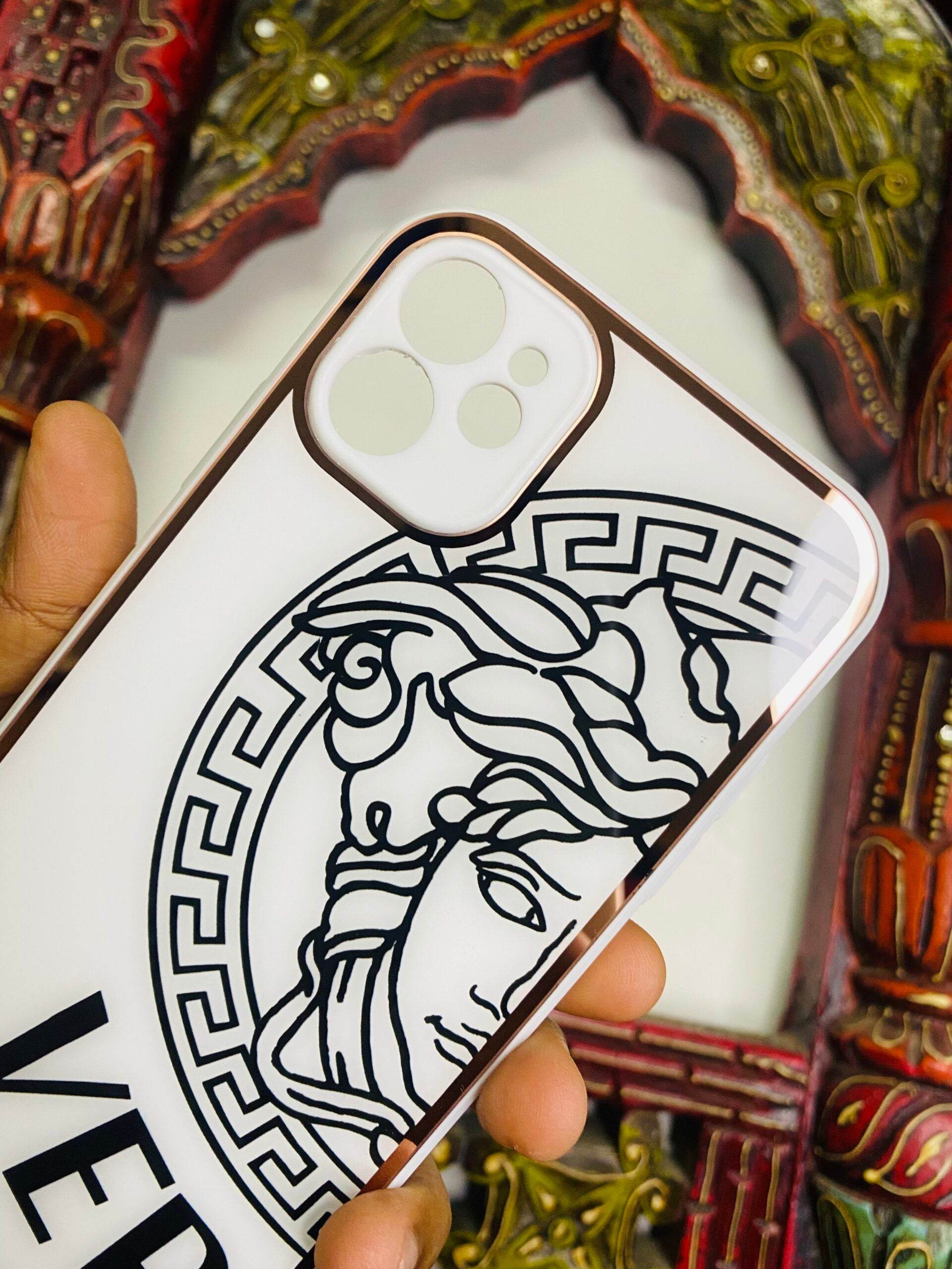 iPhone 12 Pro Max Premium Glass Half Versace Camera Protection Case - White - Guleel