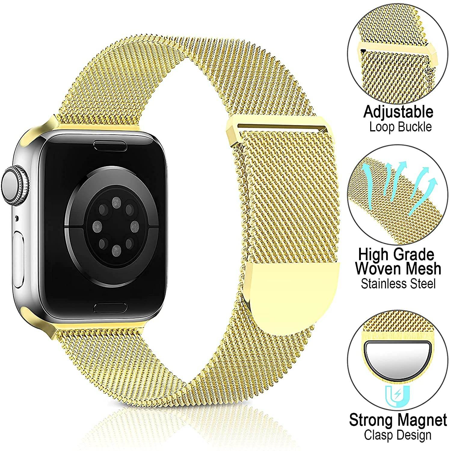 Metal Stainless Steel Bands Compatible with Apple Watch 41mm 40mm 38MM Bands, Loop Magnetic Milanese Mesh Strap for iWatch Series 7 6 5 4 3 2 SE - Guleel