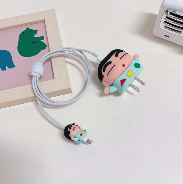Silicone Cartoon iPhone Charger Case Cover for 18-20W Chargers - Shinchan Blue (with Wire Cover) - Guleel