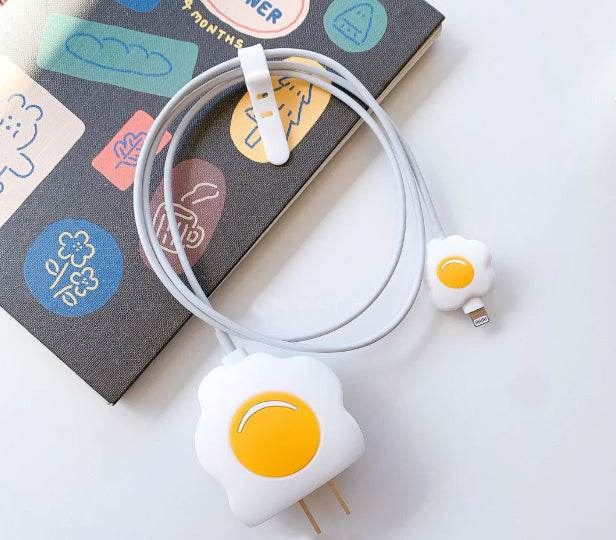 Silicone Cartoon iPhone Charger Case Cover for 18-20W Chargers - Fried Egg (with Wire Cover) - Guleel
