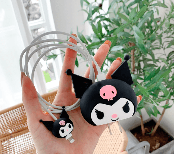 Silicone Cartoon iPhone Charger Case Cover for 18-20W Chargers - Black Pink (with Wire Cover) - Guleel