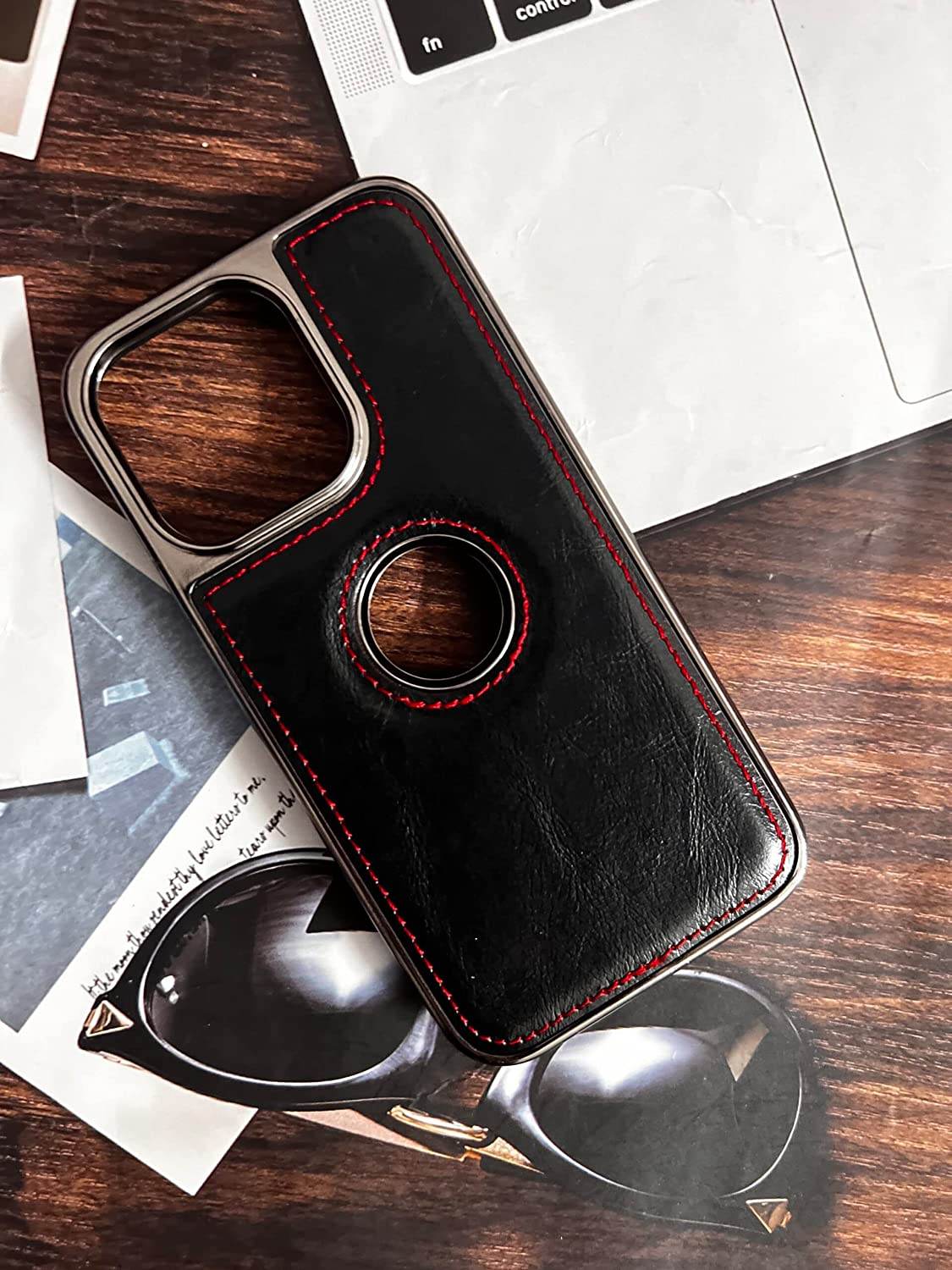 iPhone 14 Premium Leather Mobile Cover – Black Red - Guleel