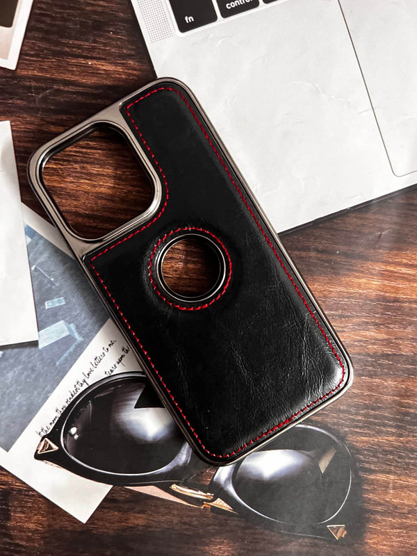 iPhone 14 Pro Premium Leather Mobile Cover – Black Red - Guleel