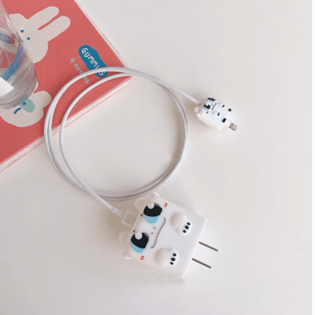 Silicone Cartoon iPhone Charger Case Cover for 18-20W Chargers - New Character White (with Wire Cover) - Guleel